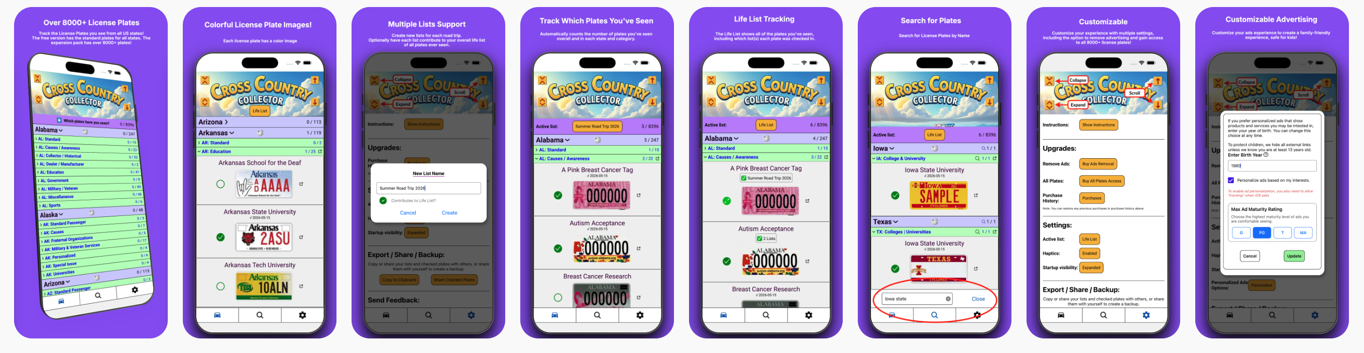 Cross Country Collector app interfaces showing license plate checklists and collections